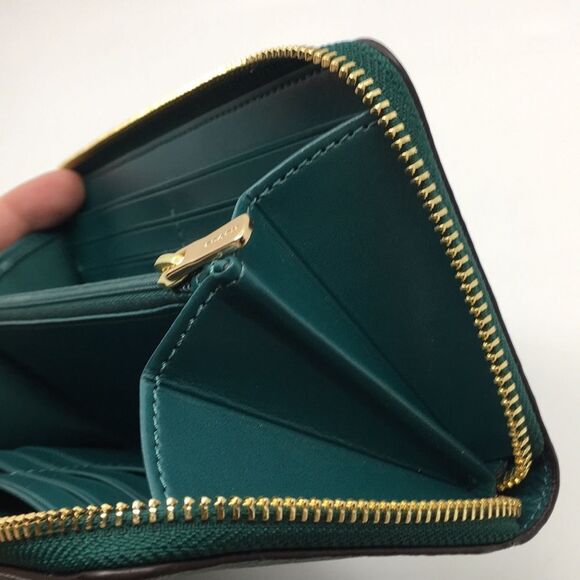 Coach Viridian Green Gold Studded Script Zip Around Wallet Accordion Zip Wallet - Picture 10 of 16